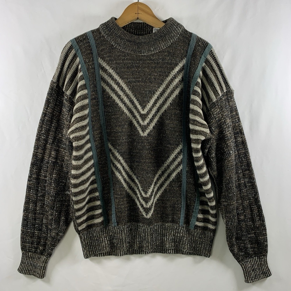 VTG 90s Womens Grandpa Geometric Mock Neck Sweater Size L Grunge Indie Skater